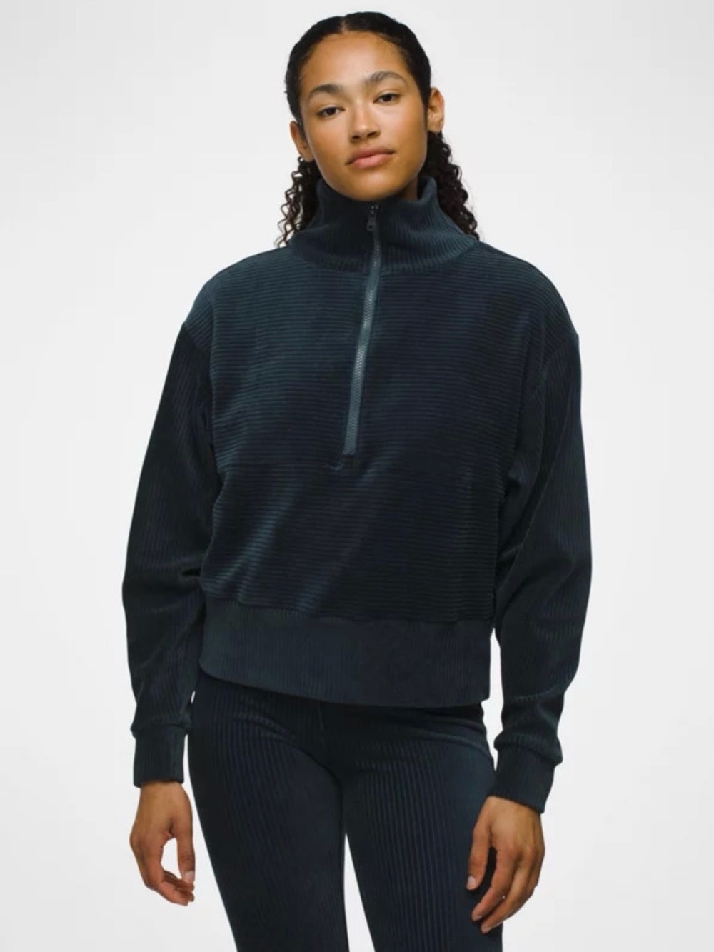 Prana Escambia Black Ribbed Velour Half-Zip Pullover